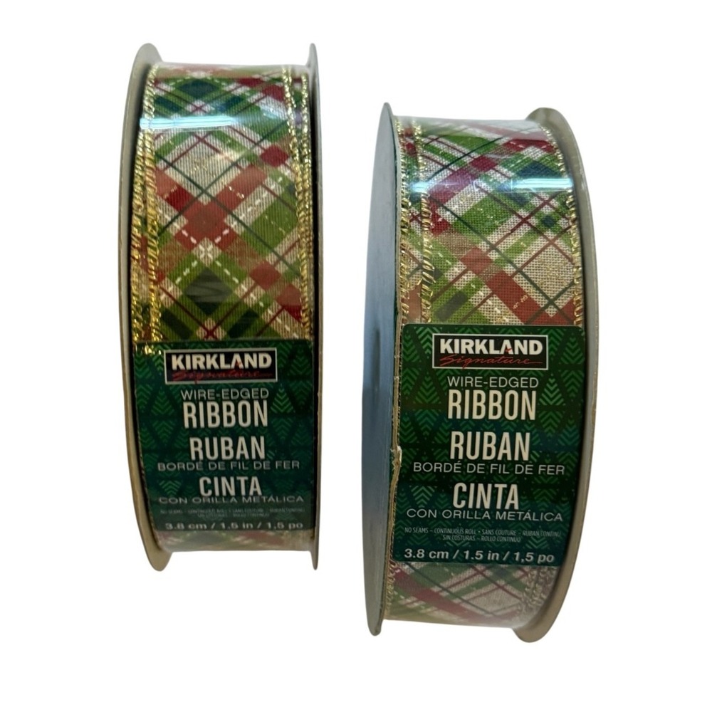 Kirkland Signature Wire Edged Ribbon Red Green holiday decor Lot of 2 new seal